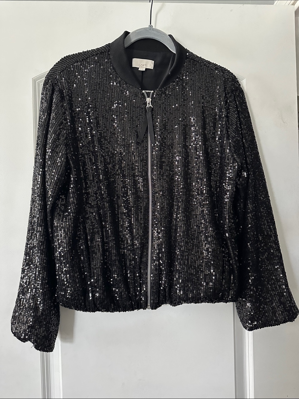 LOFT Black Sequin Bomber Jacket with Zip